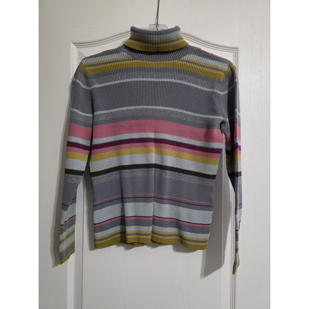 Casual Corner Women Medium Striped Ribbed Turtleneck Sweater Multi-Color Vintage
